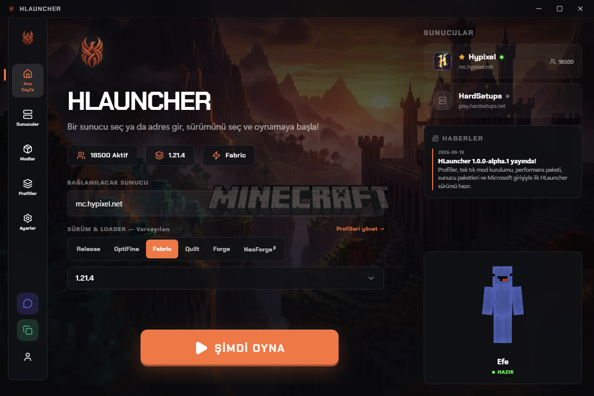 HLauncher ana ekranı: sunucu listesi, sürüm ve loader seçimi, haberler ve 3D karakter görünümü